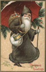 Santa Claus with Red Umbrella and Sack of Toys in Snow, Christmas Greetings Postcard