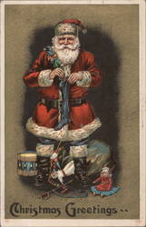 Santa Claus with Toys and Christmas Greetings Postcard