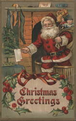 Santa Claus Delivering Gifts & Christmas Greetings Postcard