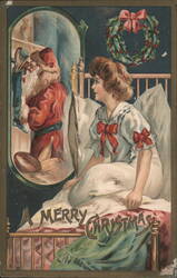 Woman in Bed Sees Santa Claus in Mirror, Merry Christmas Postcard