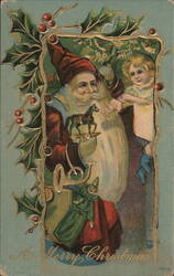 Santa Claus with Child and Toy Horse, Holly Border, Merry Christmas Postcard