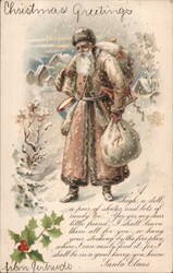 Christmas Greetings Santa Claus with Sack of Toys in Snowy Village Postcard