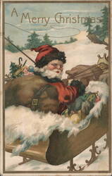 Santa Claus in Sleigh with Gifts and Child in Snowy Landscape Postcard