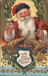 Santa Claus with Martini and Cigar, "To All Best Christmas Wishes" Postcard