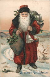 Santa Claus with Sack of Toys and Bell in Snowy Landscape, Christmas Postcard