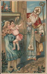 Saint Nicholas with Girls and Toys, Merry Christmas Postcard
