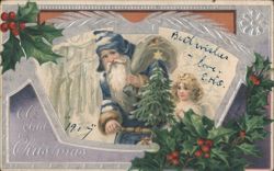 Santa Claus with Angel and Christmas Tree, Holly Border Postcard