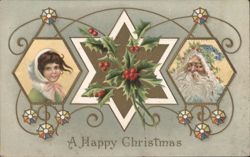 Christmas Greeting with Girl, Santa, Holly, and Star Design Postcard
