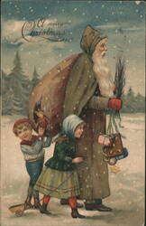 Santa Claus with Children and Toys in Snow, Merry Christmas Postcard
