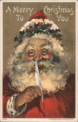 Santa Claus with Holly Wreath Holding Quill Pen, A Merry Christmas To You Postcard