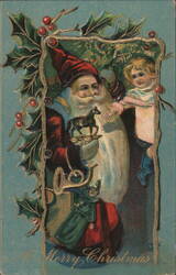 Santa Claus with Child, Holly, and Toys for Christmas Postcard