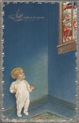Child Looks Up at Santa Claus in Window, The Night Before Christmas Postcard