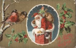 Santa Claus in Chimney with Child & Birds, A Merry Christmas Postcard