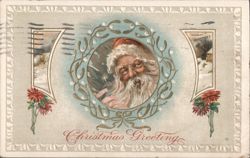 Santa Claus with Wreath and Poinsettias Christmas Greeting Postcard