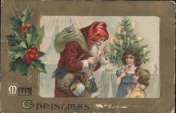 Santa Claus with Sack of Toys and Children by Christmas Tree Postcard