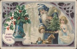 Happy Christmas with Santa Claus, Angel, Christmas Tree, and Holly Postcard