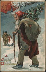 Santa Claus with Christmas Tree & Sack, Children in Snow Postcard