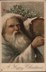 Santa Claus with White Beard & Hood, Carrying Sack, A Happy Christmas Postcard