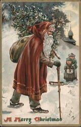 Santa Claus in Red Cloak with Sack and Staff, Children in Snow, Christmas Tree Postcard