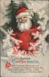 Santa Claus with Snow-Covered Pine Trees Loving Christmas Greeting Postcard