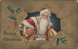 Santa Claus with Holly and Torn Paper Effect, A Happy Christmas Postcard