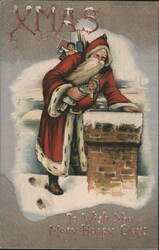 Santa Claus with Toys Leaning on a Snowy Chimney, "XMAS" Postcard