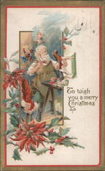 Santa Claus Painting Bird with Poinsettias, Christmas Greeting Postcard
