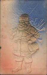 Embossed Santa Claus with Drum, Christmas Tree Branches, A Merry Christmas Postcard