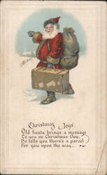 Santa Claus with Sack and Suitcase, Christmas Joys Poem Postcard