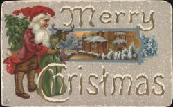 Merry Christmas with Santa Claus, Reindeer, and Snowy Village Postcard