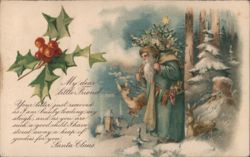 Santa Claus with Christmas Tree & Deer, Loading Sleigh, Holiday Message Postcard