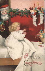 Little Girl in Bed Sees Santa Claus with Christmas Stockings Postcard
