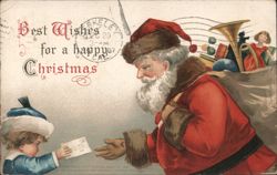 Santa Claus Giving Letter to Child, Best Wishes for a Happy Christmas Postcard