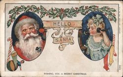 Hello Santa: Girl on Phone with Santa Claus, Christmas Greeting Postcard