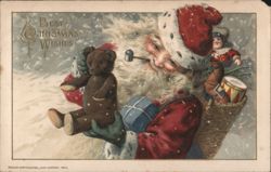 Santa Claus with Bear Toy, Doll, Drum & Best Christmas Wishes Postcard