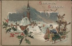 Santa Claus in Sleigh Flying Over Snowy Village, Christmas Greetings Postcard