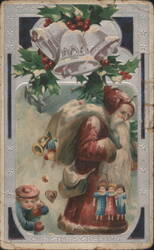 Santa Claus with Bells, Holly, Children, and Toys Christmas Greeting Postcard