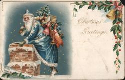 Santa Claus in Blue Suit Climbing Chimney with Toys, Christmas Greetings Postcard