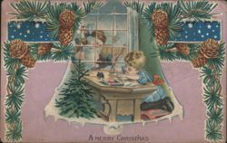 Children Drawing, Christmas Tree & Pine Boughs, A Merry Christmas Postcard