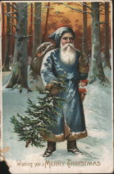Santa Claus with Christmas Tree and Sack in Snowy Forest Postcard