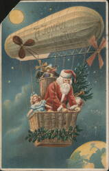 Santa Claus, Doll & Christmas Tree in Blimp Basket, A Joyful Yuletide Postcard