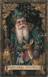Santa Claus with Deer, Lantern, and Children, Christmas Greetings Postcard