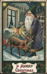 Santa Claus with Deer and Lantern in Snowy Christmas Scene Postcard