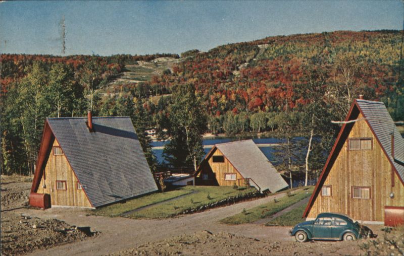A-Frame Cabins, Lake, Autumn Foliage, Ski Slopes, Laurentides, QC Canada