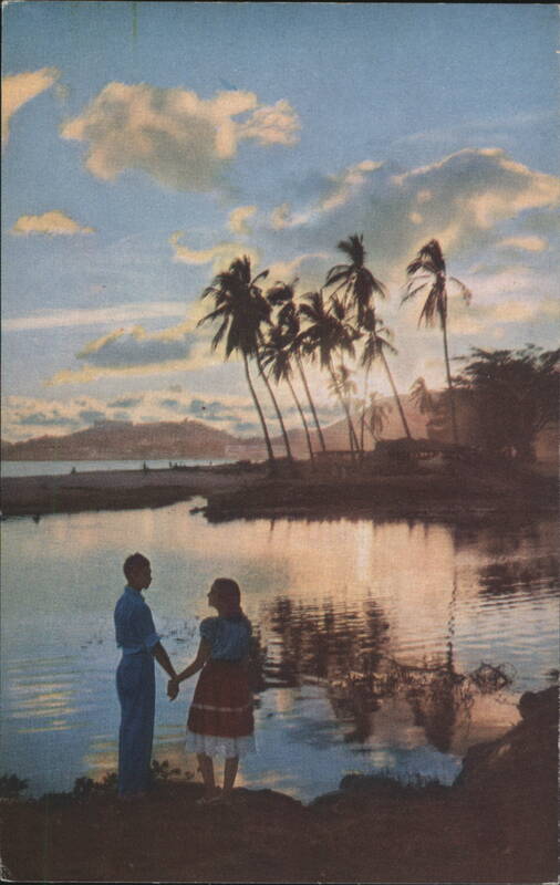 Acapulco Sunset, Couple by Ocean with Palm Trees Mexico