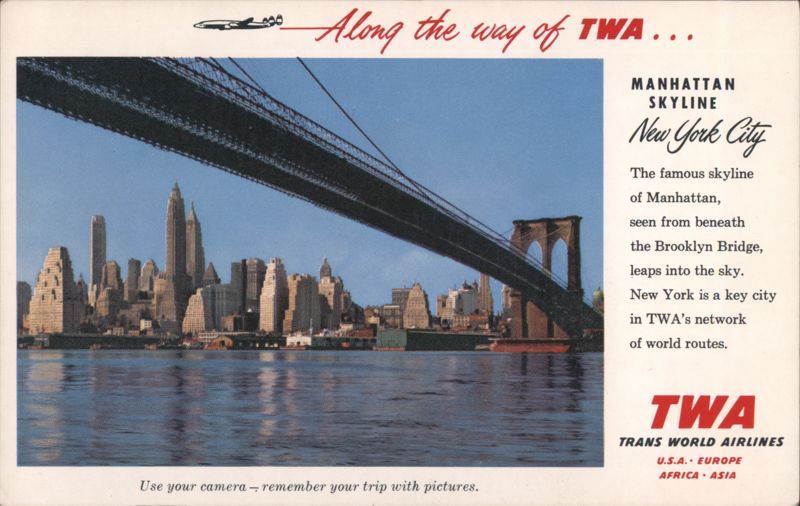 Manhattan Skyline New York City TWA Brooklyn Bridge