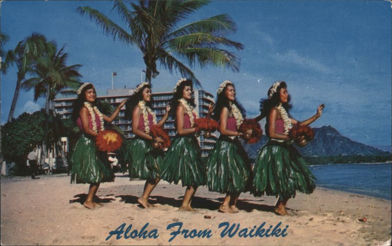 Aloha From Waikiki Hula Dancers Beach Diamond Head Hawaii
