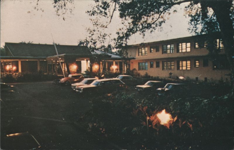 Hilo Hotel Evening View, Tiki Torches, Vintage Postcard Hawaii