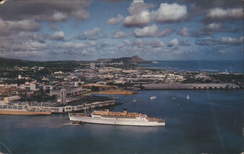 Honolulu Harbor Aerial View with Ships & Diamond Head Hawaii