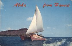 Aloha from Hawaii: Diamond Head & Catamaran Off Waikiki Beach Postcard